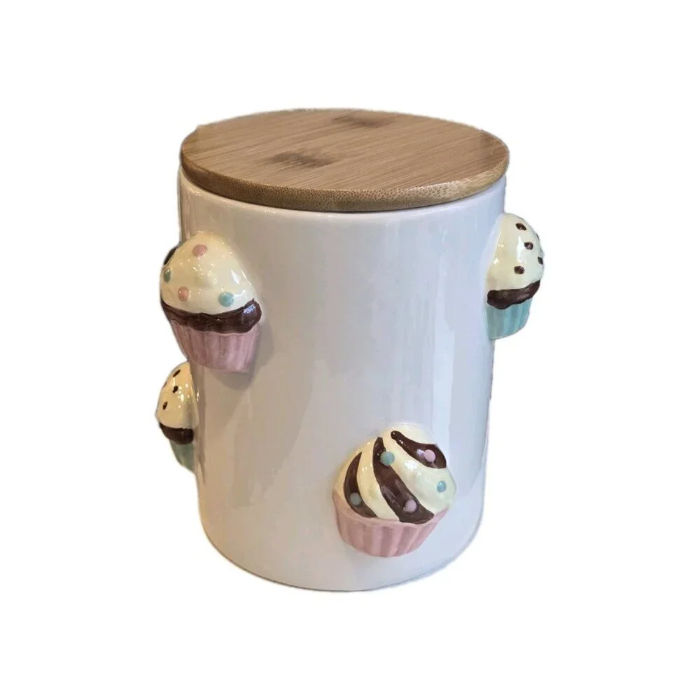 New Pink / Blue Mini Cupcake Ceramic Kitchen Bakery Cookie Jar W/ Wood Lid
